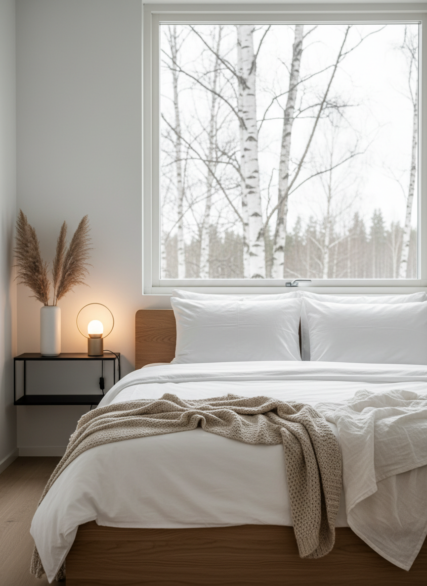 A beautifully staged Scandinavian-style bedroom in a short-term rental, with crisp white linen on a low-profile oak bed, layered beige and sand-colored throws, and two perfectly fluffed pillows. A narrow black bedside shelf holds a simple ceramic vase with dried grass and a warm-toned reading lamp. Through a large window, a glimpse of Finnish birch trees and soft overcast sky appears slightly blurred. Natural, diffused daylight creates an even, flattering light with soft shadows. Photographic realism at eye level, balanced composition using the rule of thirds. The mood is serene, hotel-like, and meticulously curated, illustrating how professional staging and photography can significantly increase bookings.