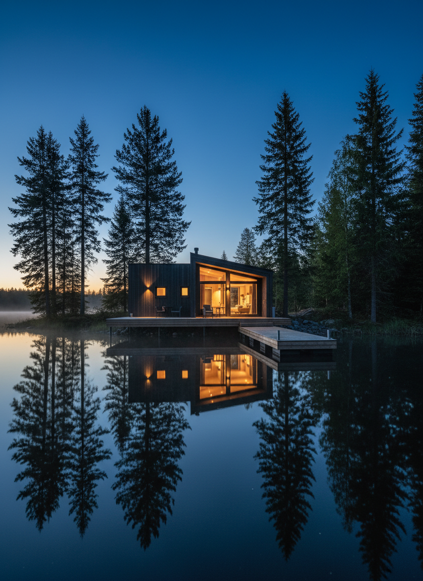 A cinematic twilight exterior of a contemporary lakeside rental cabin in Finland, clad in dark vertical timber with warm interior light glowing through expansive windows. The building sits beside still water that reflects the structure and surrounding spruce trees, with a simple wooden terrace leading to a small private dock. The sky is deep blue with the last hint of golden hour on the horizon. Photographic realism with a wide-angle composition, low vantage point from dock height, crisp details in both architecture and nature. The atmosphere is serene, premium, and inviting, perfectly illustrating a high-performing short-term rental property captured at the ideal time of day.