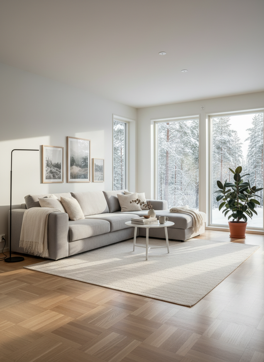 A bright, impeccably styled Nordic Airbnb living room in Finland, featuring a light oak parquet floor, a soft grey modular sofa with textured wool cushions, and a small round white coffee table with a subtle matte finish. Large floor-to-ceiling windows reveal a hint of pine forest outside. Soft morning daylight floods the space, creating gentle reflections on a minimalist black metal floor lamp and casting delicate shadows along the rug. Photographic realism, eye-level composition with a slight wide-angle lens, sharp focus throughout. The mood is calm, sophisticated, and aspirational, ideal for showcasing how professional photography elevates a listing’s appeal and perceived value.