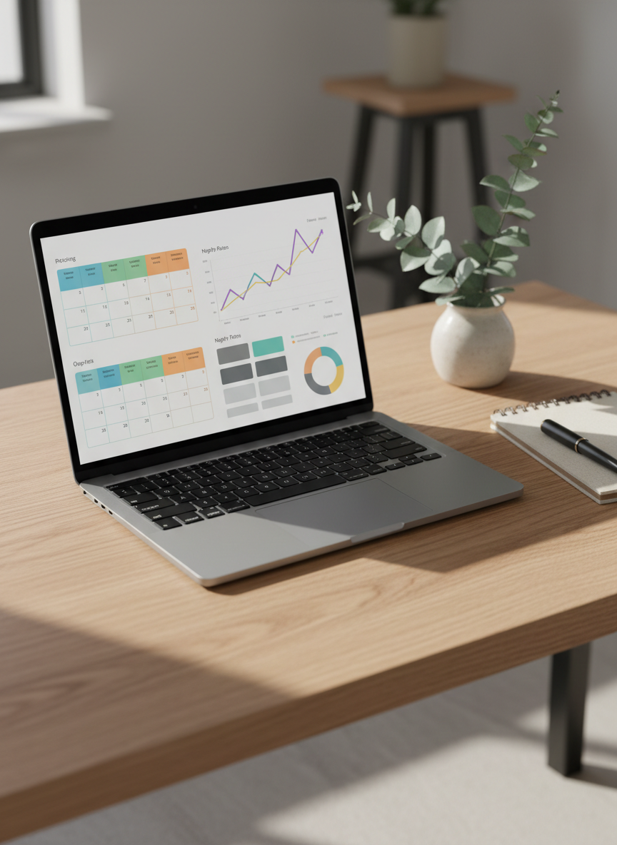 A clean, modern laptop on a light wood desk displaying a sophisticated pricing and booking dashboard for a Finnish vacation rental. The screen shows color-coded occupancy calendars, dynamic nightly rate graphs, and key performance metrics arranged in a clear, minimalist interface without readable text. Next to the laptop, a neat notebook, a black metal pen, and a small potted eucalyptus add texture. Soft, diffused daylight comes from an unseen window on the left, creating gentle shadows and a focused, professional mood. Shot from a slightly elevated angle with shallow depth of field, photographic realism, emphasizing smart, data-driven pricing for Airbnb and Booking.com hosts.