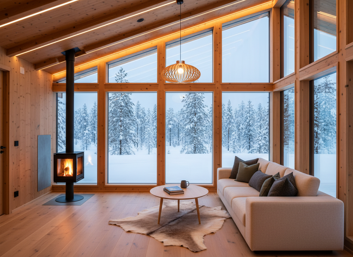 Premium Lapland accommodation photography. A cozy, elegant wooden cabin interior with large windows showing a snow-covered boreal forest. Warm natural light, birch wood details, Nordic minimalist design. No people, no text. Natural muted tones — warm amber, cream, deep forest green. Cinematic wide landscape format. High-end accommodation photography, not stock photo.